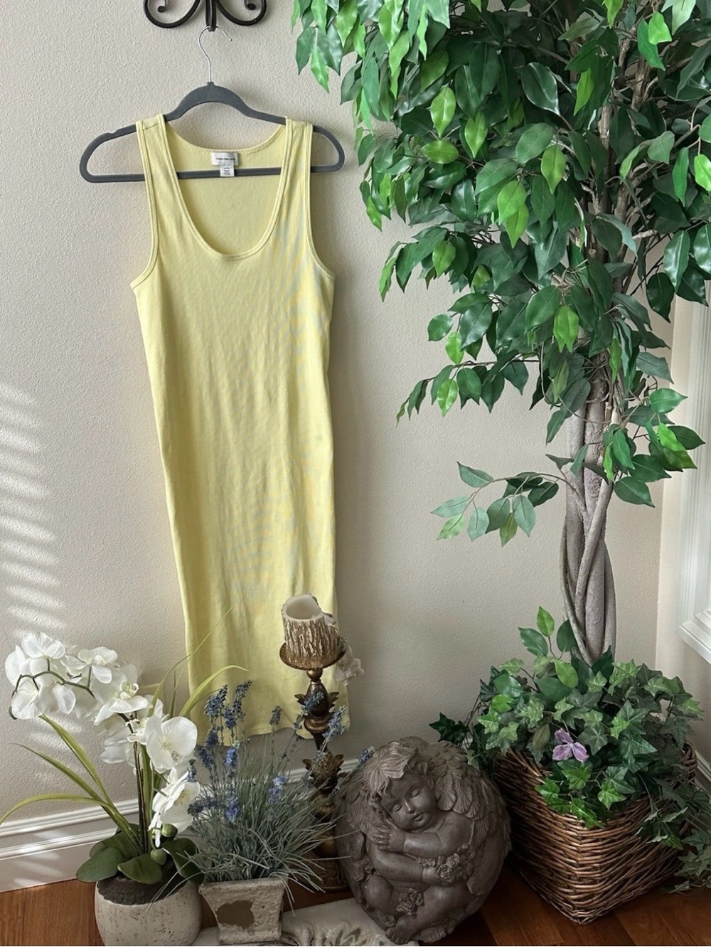 Calvin Klein Ribbed Tank Midi Dress Pale Lemon Yellow Scoop Neck Size XL